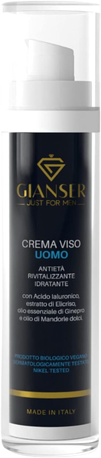 Gianser Just for men- Crema Viso Uomo - Con Acido Ialuronico : Idrata, lenisce e Rinfresca il VISO, Antietà, Elimina le rughe, Viso idratato in 12 ORE. 50 ML