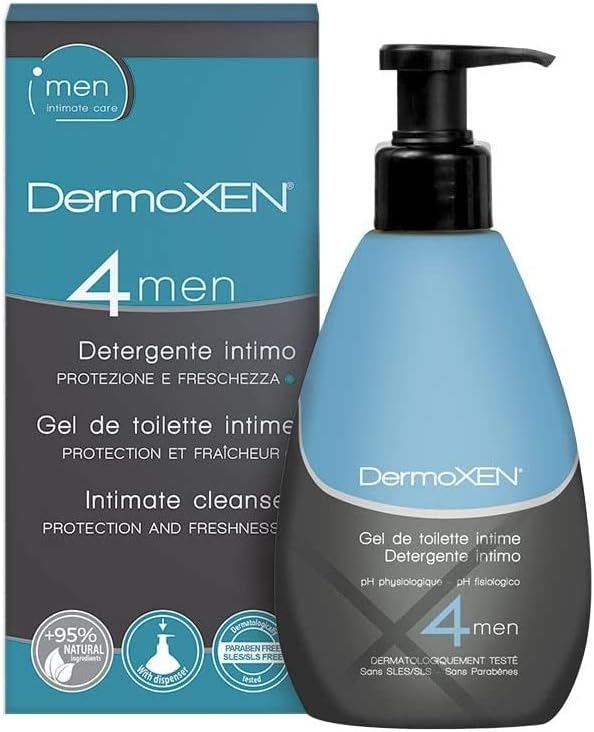 Dermoxen 4 Men Detergente Intimo Uomo con Antibatterico. Sapone Intimo con Fibre Prebiotiche e Mentolo Contro il Cattivo Odore Intimo. Igiene Intima Maschile. 125 millilitri