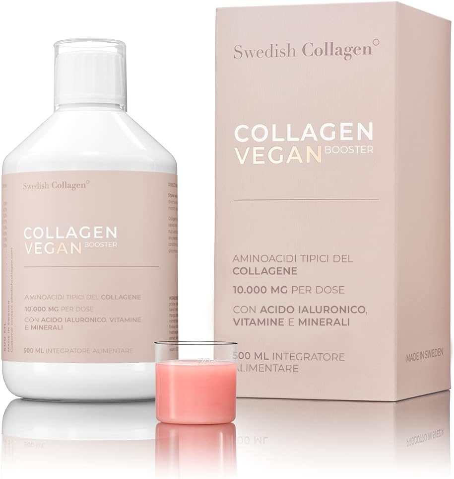 Swedish Collagen Vegan - Liquido 500 ml Proteina Del Collagene Vegan | 10.000 mg | 8 SETTIMANE - Con Acido Ialuronico, Vitamine e Minerali