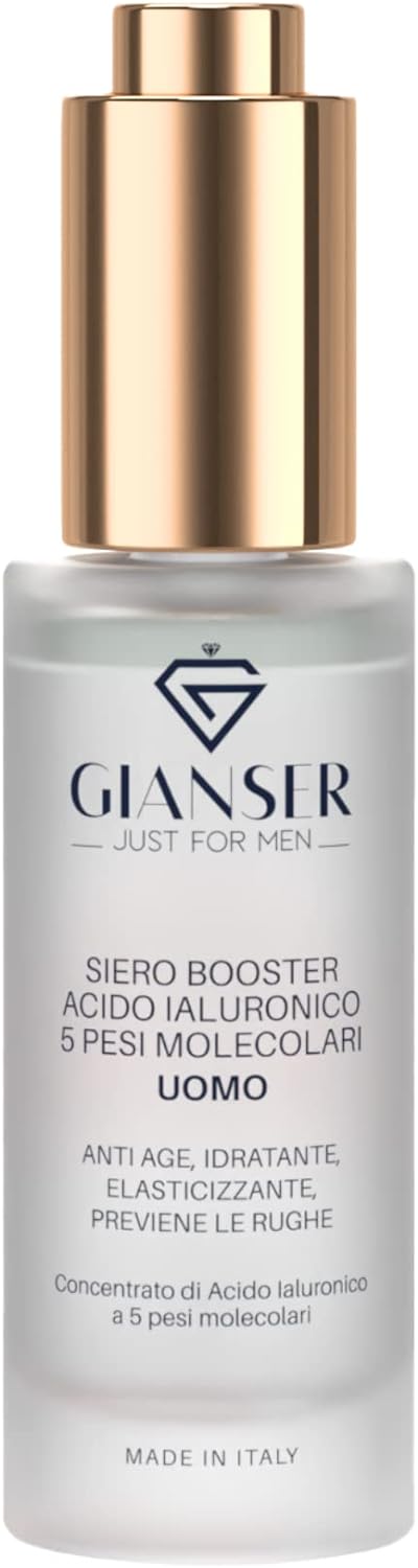 Gianser Just For Men - Siero Booster - Acido Ialuronico Puro 100% - Bio Vegano - per UOMO : Intensa Idratazione, Elimina: Rughe Sottili (ZONA occhi e labbra) in 1 settimana. 30 Ml