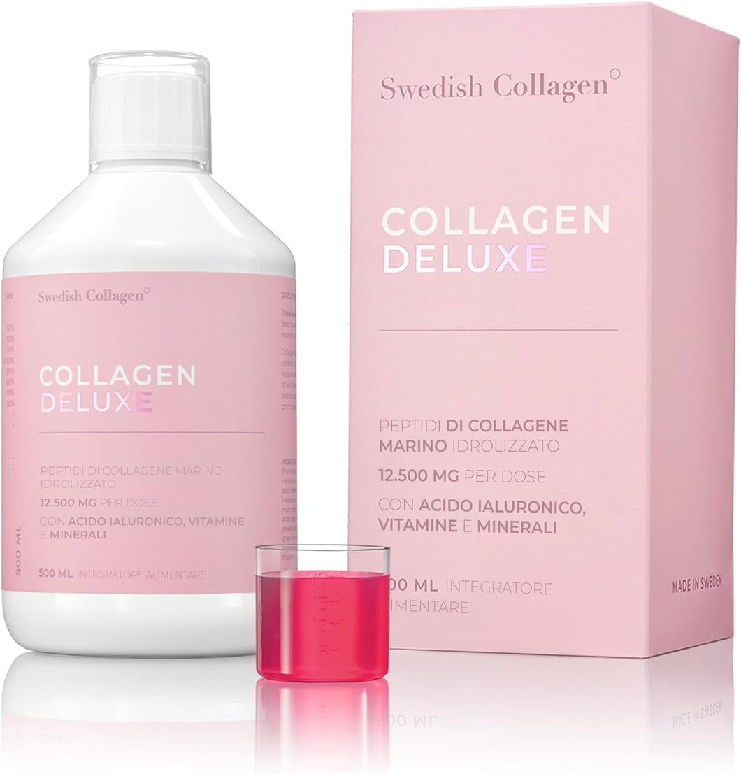 Swedish Collagen - 8 SETTIMANE - Collagen Deluxe 500 ml Peptidi di Collagene Marino Idrolizzato | 12.500 mg Collagene | Con Acido Ialuronico, Vitamine e Minerali