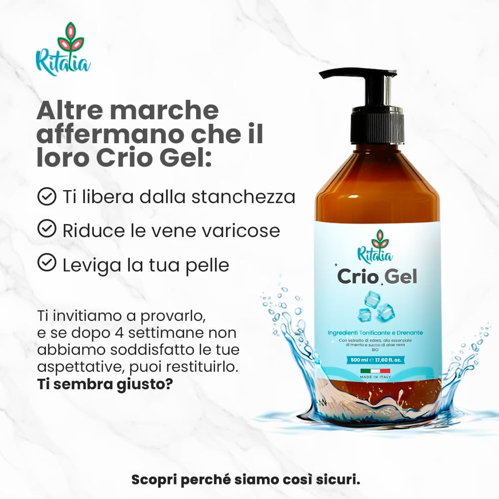 500ml Crema gambe effetto freddo defaticante e drenante per vene varicose e capillari rotti per gambe stanche gonfie e pesanti Ritalia® Crio gel BIO migliora circolazione RASSODANTE e tonificante