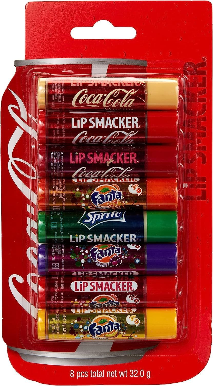 Lip Smacker Coca Cola Party Pack, Set di 8 Burrocacao Assortiti dai Gusti Autentici Coca-Cola, Fanta e Sprite