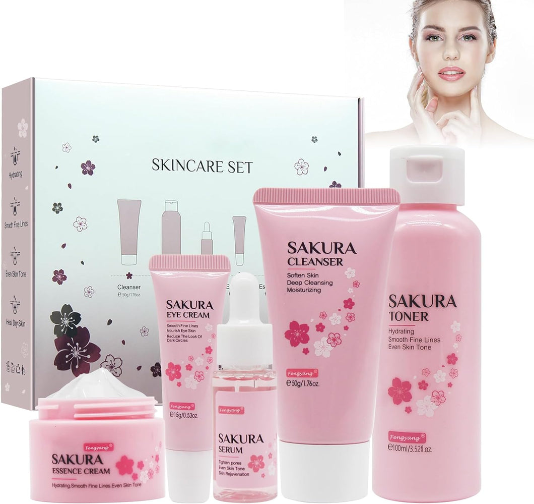 Fengyang Kit Skincare GIAPPONE Naturale per la Cura della Pelle Sakura da 5 Pezzi Set per la cura della pelle Sakura Kit idratante per la cura del regalo da donna Strumento del viso con estratto di fiori di ciliegio