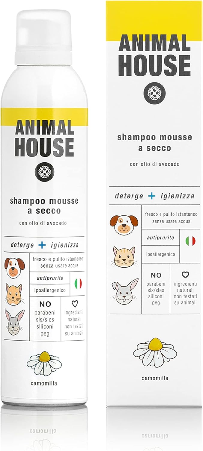 Animal House - Shampoo Secco Mousse - Ipoallergenico - Adatto a Tutte Le Razze - Privo di Agenti Chimici - Made in Italy - Nutriente - Naturale - (Camomilla)