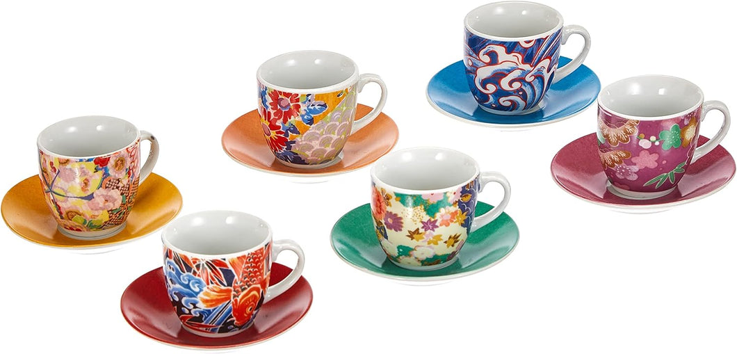 Excelsa Kimono Set 6 Tazzine da caffè con Piattino, Porcellana, Multicolore