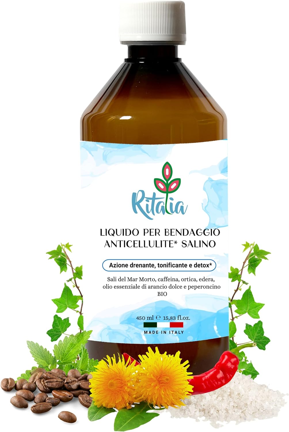 LIQUIDO PER BENDAGGI ANTICELLULITE - Sale del Mar Morto e principi attivi 100% VEGAN – Effetto DRENANTE, riducente, snellente e rassodante (Liquido)