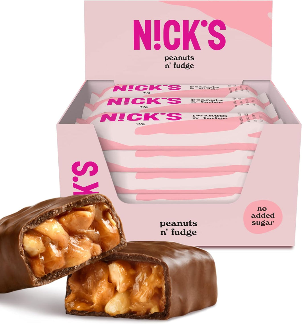 NICKS Keto bar Peanuts n fudge, Barrette di cioccolato al latte con arachidi e caramello senza zuccheri aggiunti, senza glutine (15x40g)