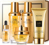 NUAL Kit SKINCARE COREANA di lusso 24 K di 5 prodotti con oro - Trattamento viso cosmetico, cosmetico viso per tutti i tipi di pelle. Formule coreane caricate con ingredienti attivi – Puro lusso per la tua pelle