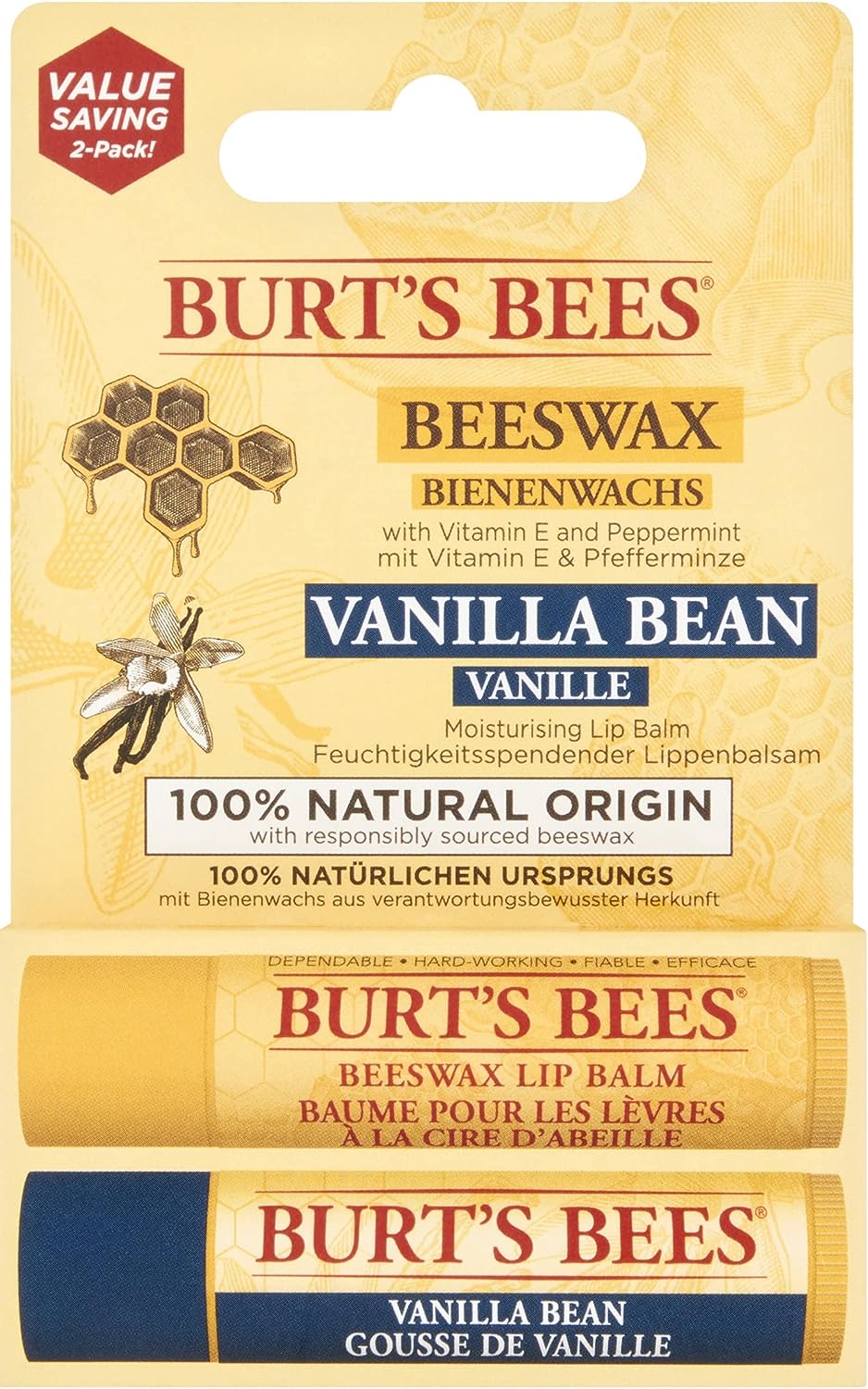 Burt's Bees Balsamo per Labbra, Set di Balsamo per Labbra con Cera d'Api e Baccelli di Vaniglia, con Vitamina E, Value Duo Pack, 2 x 4.25 g