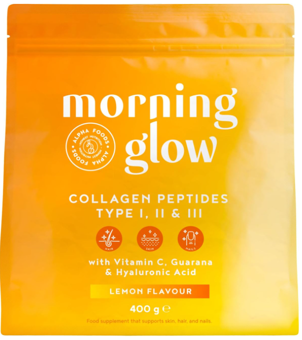 Morning Glow Collagene in Polvere - Collagene da Bere per il Mattino con Guaranà - Collagene e Acido Ialuronico con Vitamina E e C - Integratore con Acido Ialuronico per Pelle, Articolazioni & Ossa