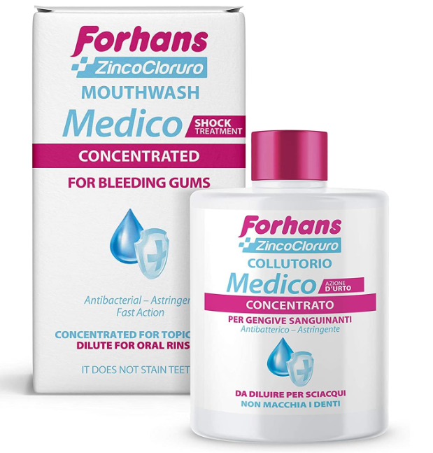 Forhans, Collutorio Medico Concentrato, Azione d'Urto, con Zinco Cloruro, Azione Antisettica, Antibatterica, Astringente e Antinfiammatoria, Gengive Sane, Non Macchia i Denti, 75 ml