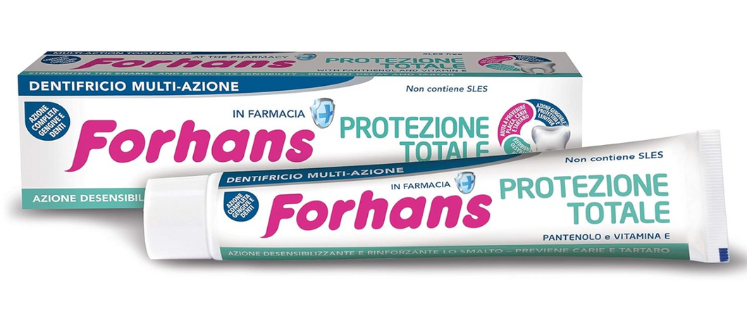 Forhans, Dentifricio Protezione Totale, Dentifricio Multi Azione con Proprietà Lenitive, Rigeneranti, Antibatteriche, Previene Cattivo Alito, Placca e Carie, Non Contiene SLES - 75 ml