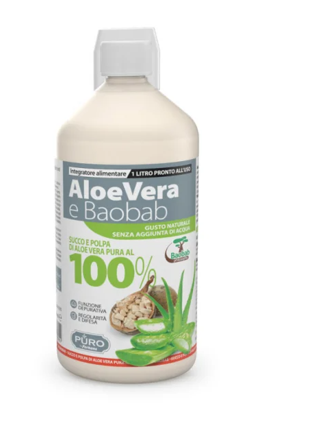 PURO Forhans Aloe Vera e Baobab - Integratore Alimentare 100% Succo e Polpa Aloe Vera, Depurativo, Digestivo, per Regolarità Intestinale, Difese Immunitarie, Vegano, Gusto Pesca, Flacone da 1 Litro