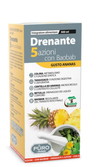 Forhans, PURO Drenante 5 Azioni con Baobab, Formula Naturale, per un Migliore Metabolismo, Digestione, Depurativa, Drenante, Flacone da 500 ml