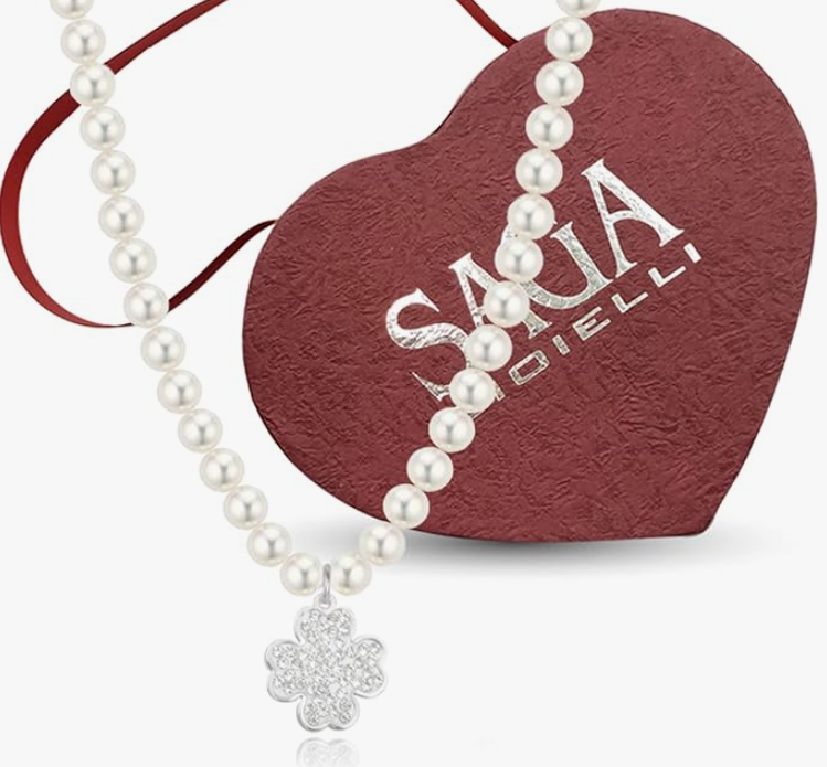 SAGA GIOIELLI® Collana Donna Perle Bianche 6 mm Rotonde Con Pendenti