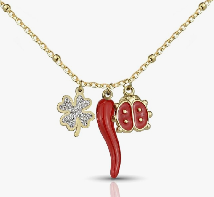 SAGA GIOIELLI® Collana Donna Portafortuna Quadrifoglio Corno Coccinella Acciaio Confezione Regalo