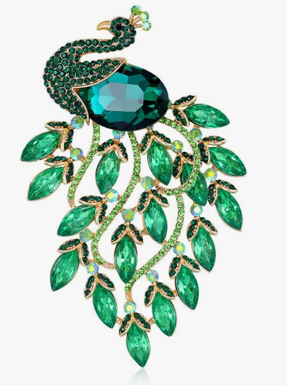 Delicata spilla a forma di pavone per donne e ragazze scintillante verde strass cristallo uccello animale spille da bavero spille corpetto delicato accessori per abiti regali di Natale gioielli mamma