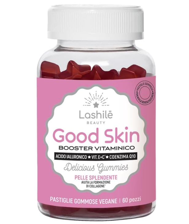 Lashilé Good Skin, Integratore alimentare per la bellezza della pelle a base di Acido Ialuronico, Coenzima Q10, Vitamine E + C | 60 pastiglie gommose