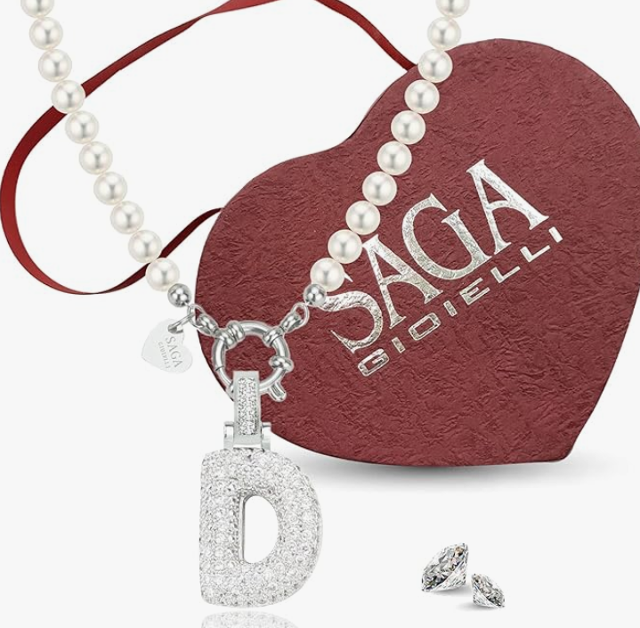 SAGA GIOIELLI® Collana Donna Perle Ciondolo Iniziale Lettera Alfabeto Confezione Regalo Festa Della Mamma