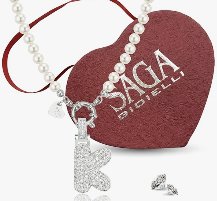 SAGA GIOIELLI® Collana Donna Perle Ciondolo Iniziale Lettera Alfabeto Confezione Regalo Festa Della Mamma