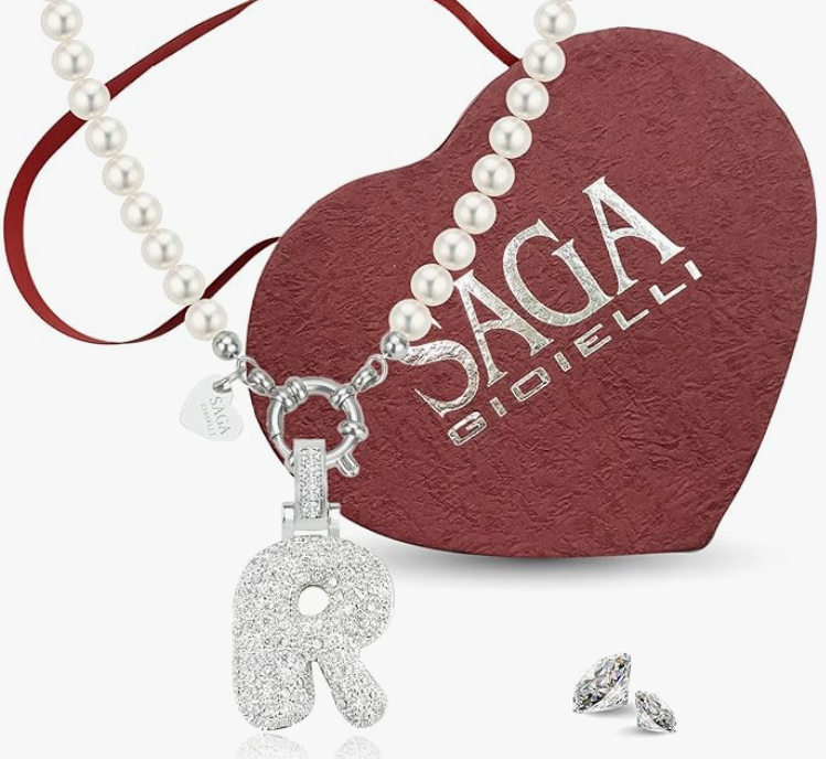 SAGA GIOIELLI® Collana Donna Perle Ciondolo Iniziale Lettera Alfabeto Confezione Regalo Festa Della Mamma