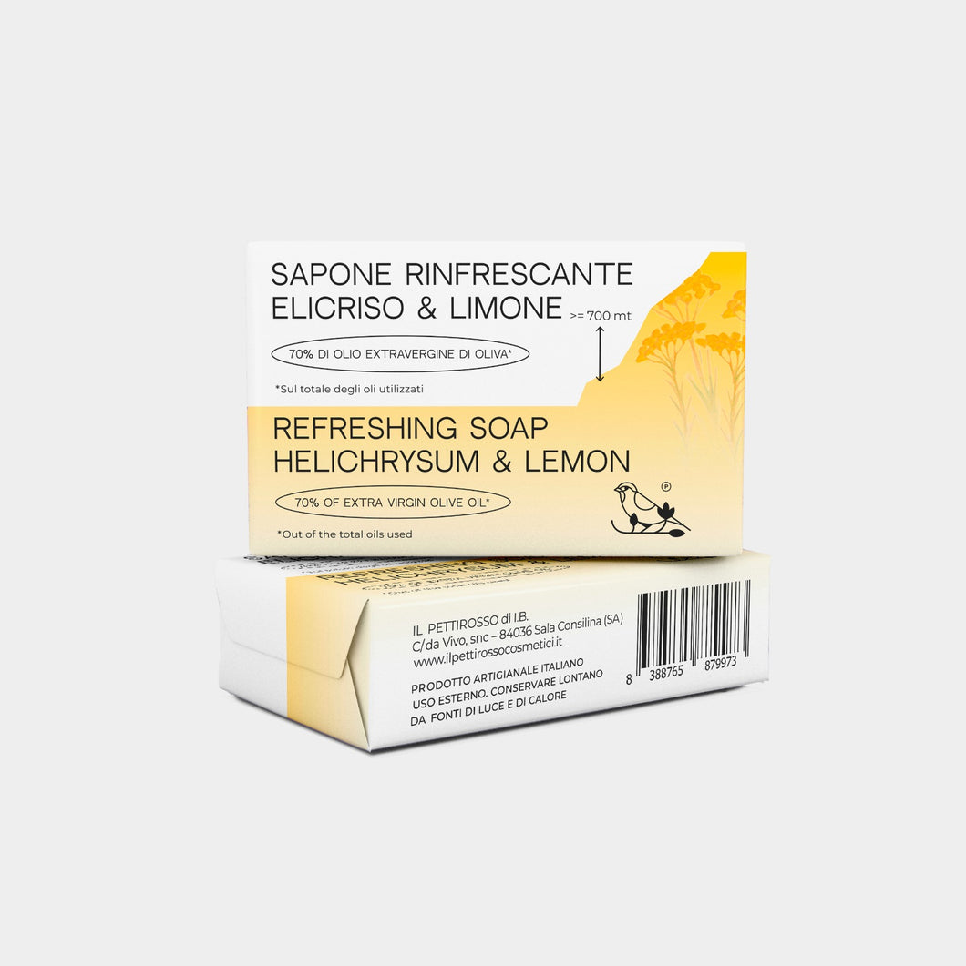 SAPONE ARTIGIANALE RINFRESCANTE – ELICRISO E LIMONE - PETTIROSSO - PELLI IMPURE E ARROSSATE